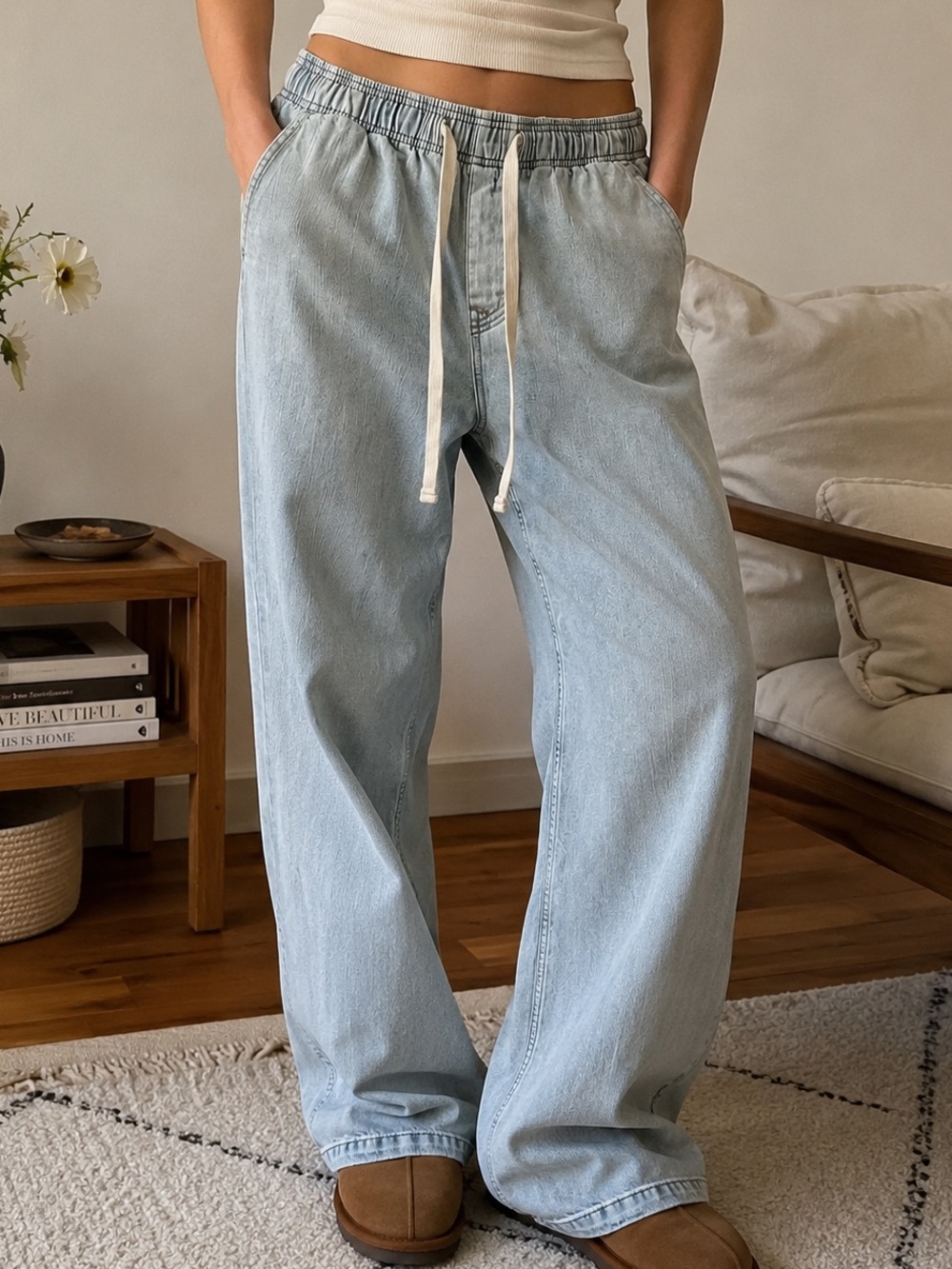 Gap High Rise Wide Leg Light Wash Relaxed Jeans with Drawstring - Large - NWOT